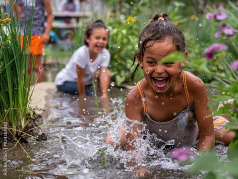 Two-kids-cooling-off-urban-rain-garden