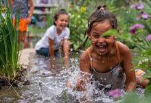 Two kids playing in an urban rain garden